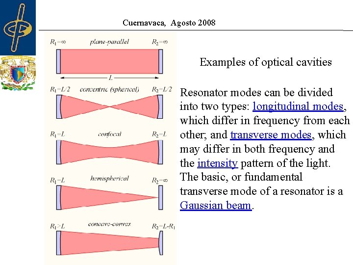 Cuernavaca, Agosto 2008 Examples of optical cavities Resonator modes can be divided into two Cuernavaca, Agosto 2008 Examples of optical cavities Resonator modes can be divided into two
