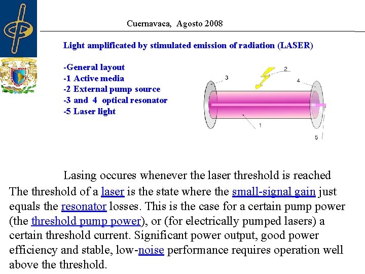 Cuernavaca, Agosto 2008 Light amplificated by stimulated emission of radiation (LASER) -General layout -1