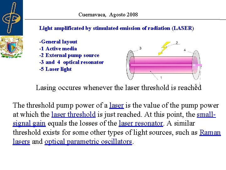 Cuernavaca, Agosto 2008 Light amplificated by stimulated emission of radiation (LASER) -General layout -1