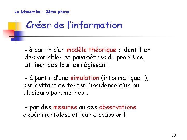 La Démarche – 2ème phase Créer de l’information - à partir d’un modèle théorique