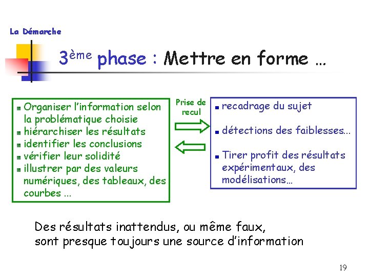 La Démarche 3ème phase : Mettre en forme … Organiser l’information selon la problématique