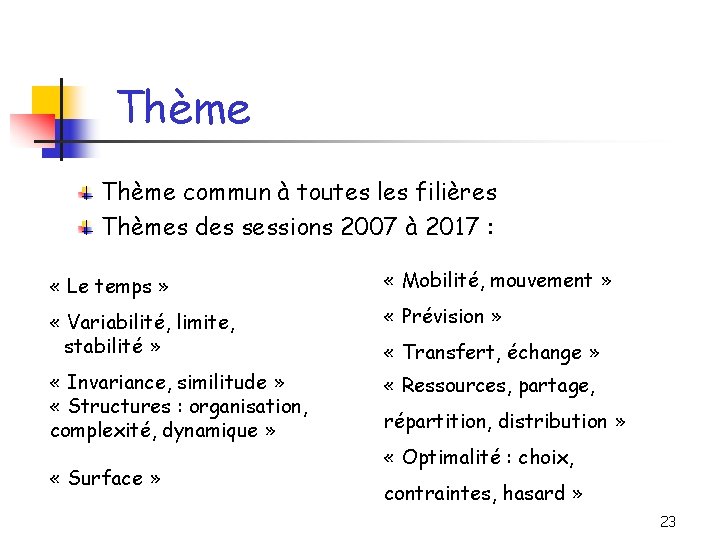 Thème commun à toutes les filières Thèmes des sessions 2007 à 2017 : «
