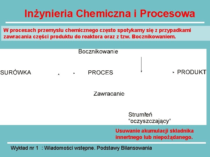 Inżynieria Chemiczna i Procesowa W procesach przemysłu chemicznego często spotykamy się z przypadkami zawracania