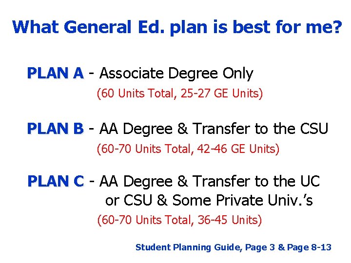 What General Ed. plan is best for me? PLAN A - Associate Degree Only