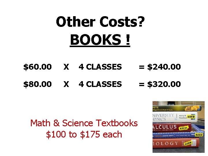 Other Costs? BOOKS ! $60. 00 X 4 CLASSES = $240. 00 $80. 00