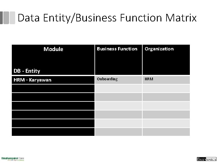 Data Entity/Business Function Matrix Module Business Function Organization Onboarding HRM DB - Entity HRM