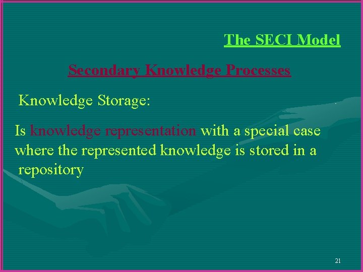 The SECI Model Secondary Knowledge Processes Knowledge Storage: Is knowledge representation with a special The SECI Model Secondary Knowledge Processes Knowledge Storage: Is knowledge representation with a special