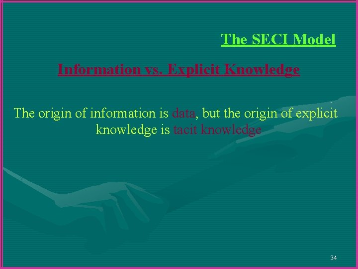 The SECI Model Information vs. Explicit Knowledge The origin of information is data, but The SECI Model Information vs. Explicit Knowledge The origin of information is data, but