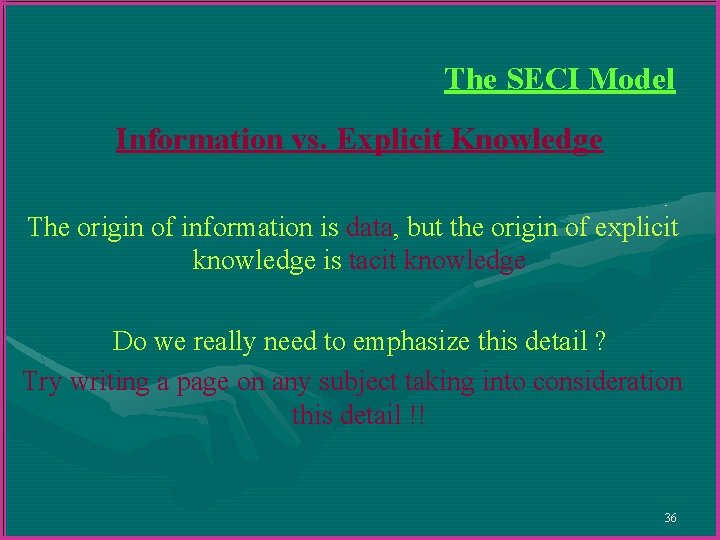 The SECI Model Information vs. Explicit Knowledge The origin of information is data, but The SECI Model Information vs. Explicit Knowledge The origin of information is data, but