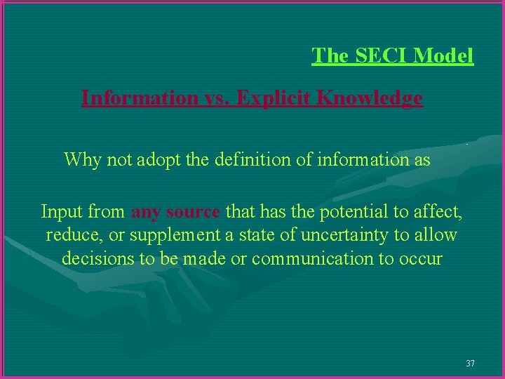 The SECI Model Information vs. Explicit Knowledge Why not adopt the definition of information The SECI Model Information vs. Explicit Knowledge Why not adopt the definition of information