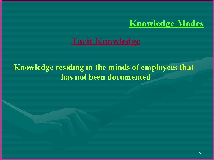 Knowledge Modes Tacit Knowledge residing in the minds of employees that has not been Knowledge Modes Tacit Knowledge residing in the minds of employees that has not been