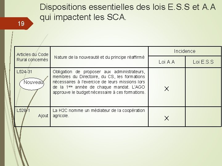 19 Dispositions essentielles des lois E. S. S et A. A qui impactent les