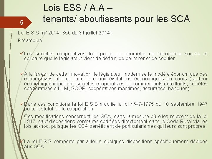 Lois ESS / A. A – tenants/ aboutissants pour les SCA 5 Loi E.