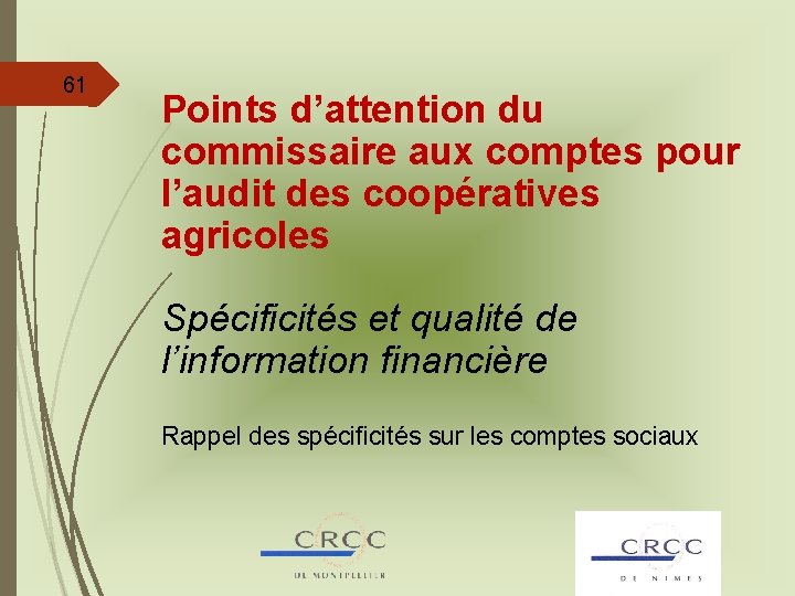 61 Points d’attention du commissaire aux comptes pour l’audit des coopératives agricoles Spécificités et