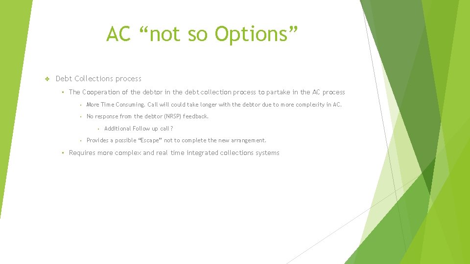 AC “not so Options” v Debt Collections process • The Cooperation of the debtor