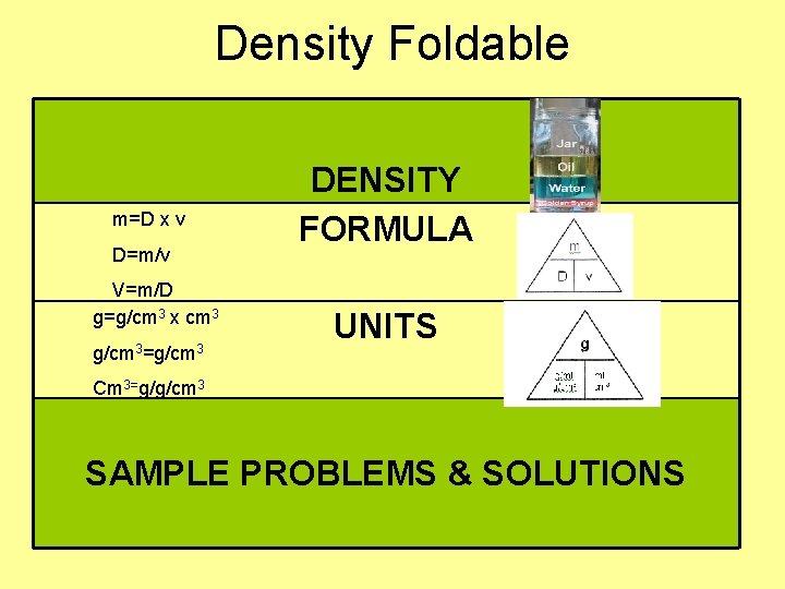 Density Foldable m=D x v D=m/v V=m/D g=g/cm 3 x cm 3 g/cm 3=g/cm
