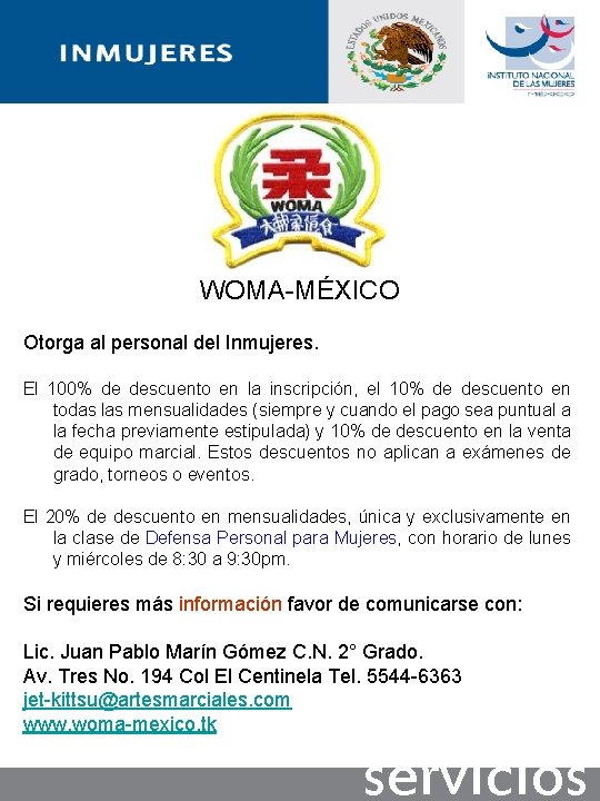 WOMA-MÉXICO Otorga al personal del Inmujeres. El 100% de descuento en la inscripción, el