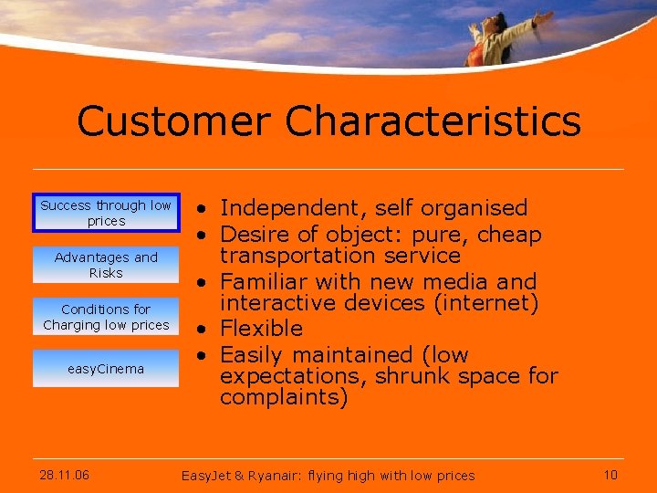 Customer Characteristics Success through low prices Advantages and Risks Conditions for Charging low prices