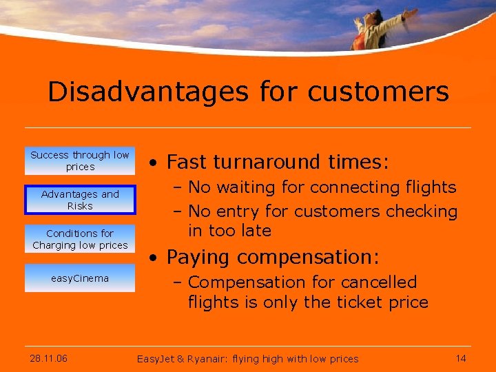 Disadvantages for customers Success through low prices Advantages and Risks Conditions for Charging low