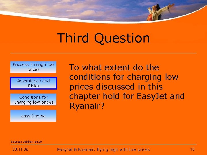 Third Question Success through low prices Advantages and Risks Conditions for Charging low prices