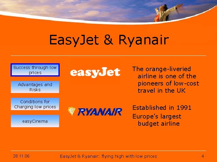 Easy. Jet & Ryanair Success through low prices Advantages and Risks Conditions for Charging