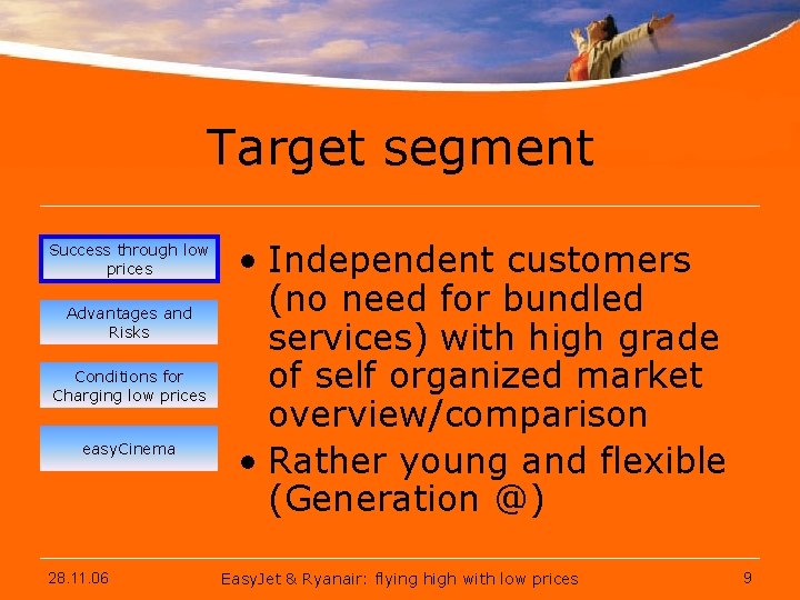 Target segment Success through low prices Advantages and Risks Conditions for Charging low prices
