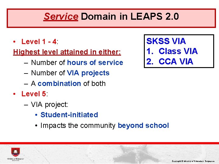 Service Domain in LEAPS 2. 0 • Level 1 - 4: SKSS VIA 1.