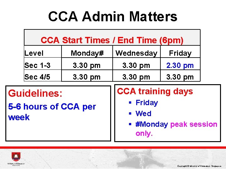 CCA Admin Matters CCA Start Times / End Time (6 pm) Level Monday# Wednesday