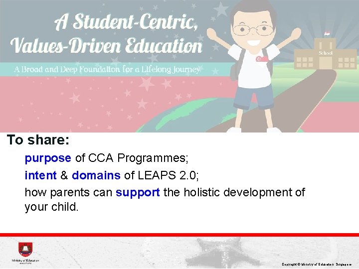 To share: purpose of CCA Programmes; intent & domains of LEAPS 2. 0; how