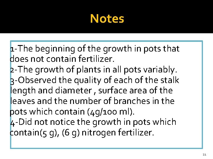 Notes 1 -The beginning of the growth in pots that does not contain fertilizer.