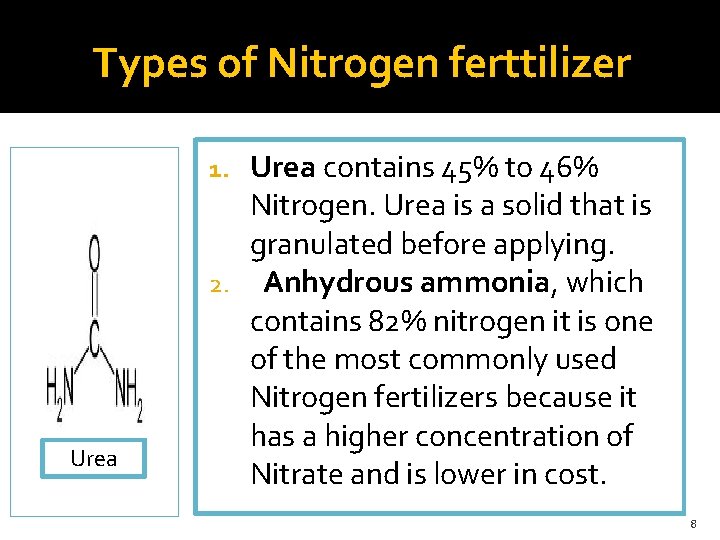 Types of Nitrogen ferttilizer Urea contains 45% to 46% Nitrogen. Urea is a solid