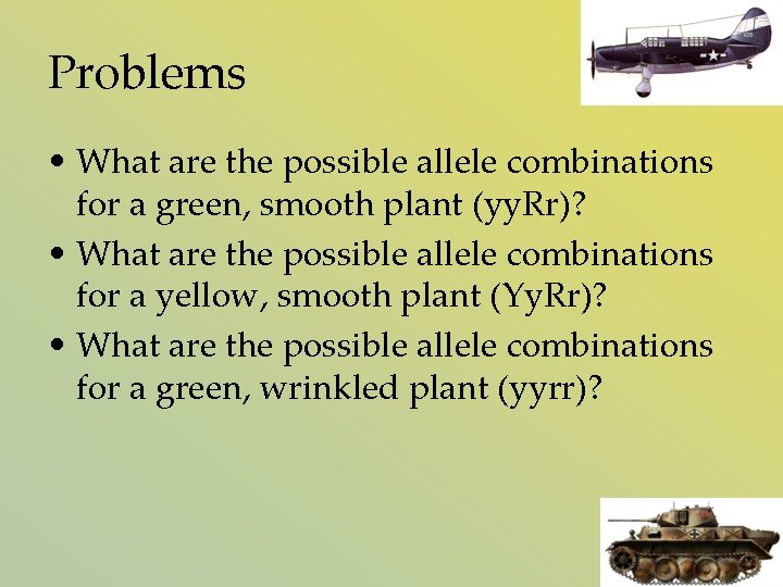 Problems • What are the possible allele combinations for a green, smooth plant (yy.