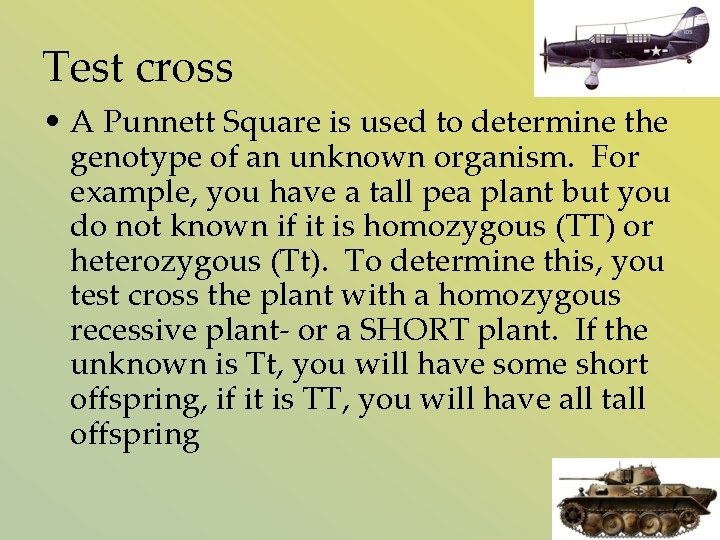 Test cross • A Punnett Square is used to determine the genotype of an