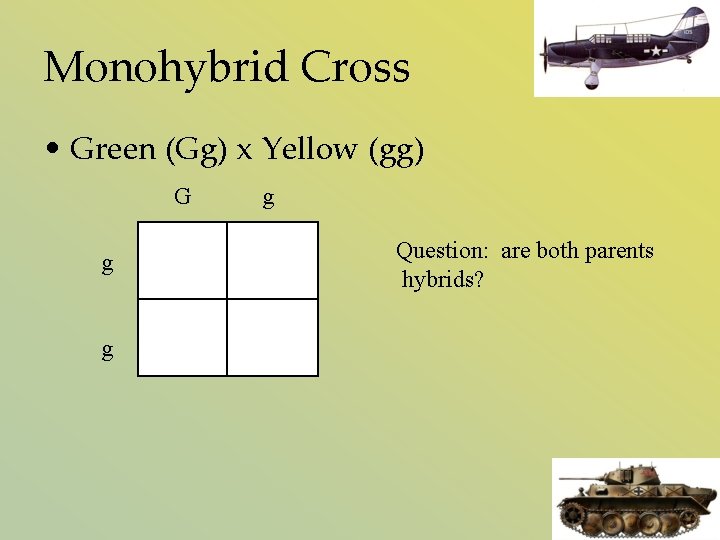 Monohybrid Cross • Green (Gg) x Yellow (gg) G g g g Question: are