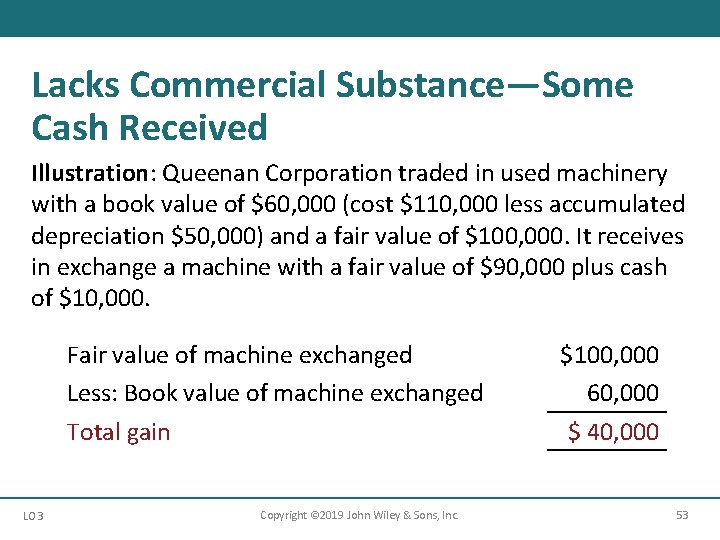 Lacks Commercial Substance—Some Cash Received Illustration: Queenan Corporation traded in used machinery with a Lacks Commercial Substance—Some Cash Received Illustration: Queenan Corporation traded in used machinery with a