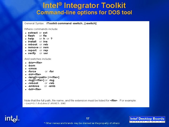 Intel® Integrator Toolkit Command-line options for DOS tool 17 * Other names and brands