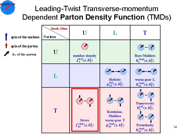 Leading-Twist Transverse-momentum Dependent Parton Density Function (TMDs) Quark, Gluon spin of the nucleon Nucleon