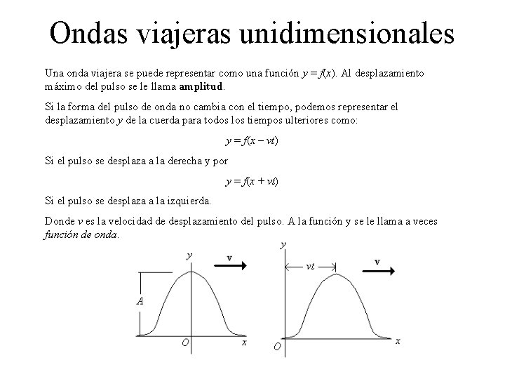 Ondas viajeras unidimensionales Una onda viajera se puede representar como una función y =