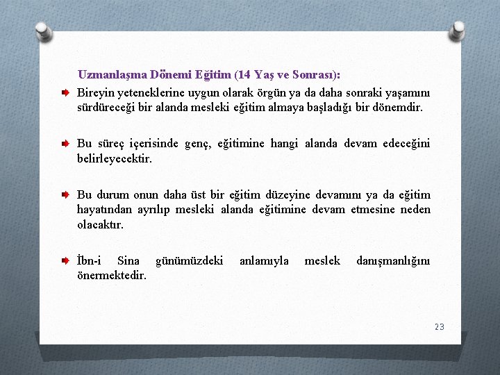 Uzmanlaşma Dönemi Eğitim (14 Yaş ve Sonrası): Bireyin yeteneklerine uygun olarak örgün ya da