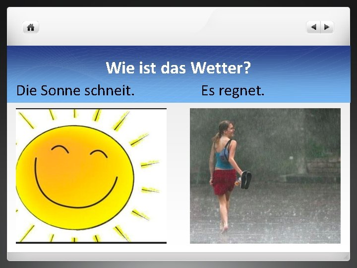Wie ist das Wetter? Die Sonne schneit. Es regnet. 