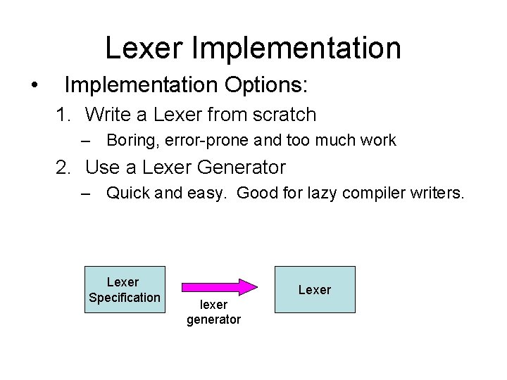 Lexer Implementation • Implementation Options: 1. Write a Lexer from scratch – Boring, error-prone Lexer Implementation • Implementation Options: 1. Write a Lexer from scratch – Boring, error-prone
