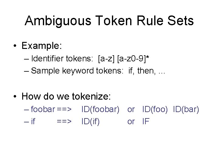 Ambiguous Token Rule Sets • Example: – Identifier tokens: [a-z] [a-z 0 -9]* –