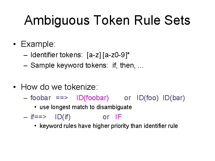 Ambiguous Token Rule Sets • Example: – Identifier tokens: [a-z] [a-z 0 -9]* –