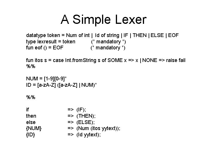 A Simple Lexer datatype token = Num of int | Id of string | A Simple Lexer datatype token = Num of int | Id of string |