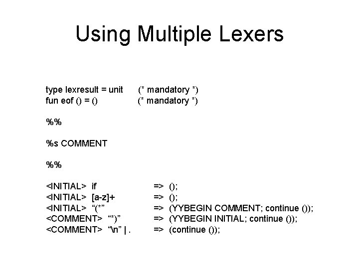 Using Multiple Lexers type lexresult = unit fun eof () = () (* mandatory Using Multiple Lexers type lexresult = unit fun eof () = () (* mandatory