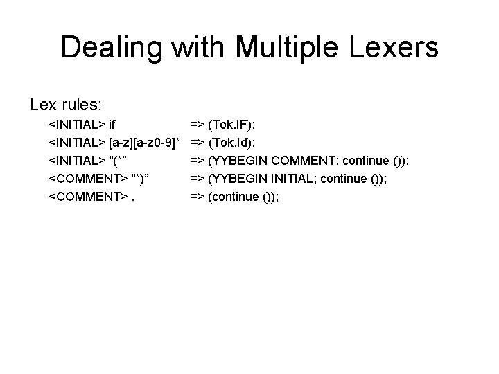 Dealing with Multiple Lexers Lex rules: <INITIAL> if <INITIAL> [a-z][a-z 0 -9]* <INITIAL> “(*”