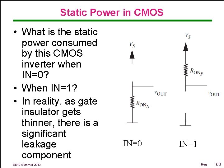 Static Power in CMOS • What is the static power consumed by this CMOS