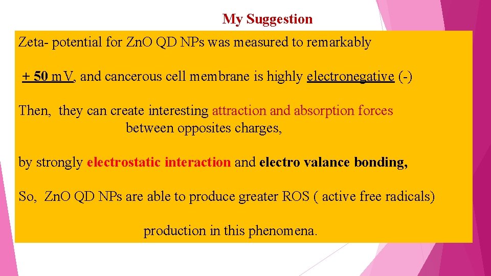 My Suggestion Zeta- potential for Zn. O QD NPs was measured to remarkably +