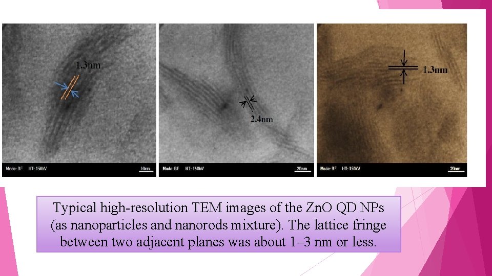 Typical high-resolution TEM images of the Zn. O QD NPs (as nanoparticles and nanorods
