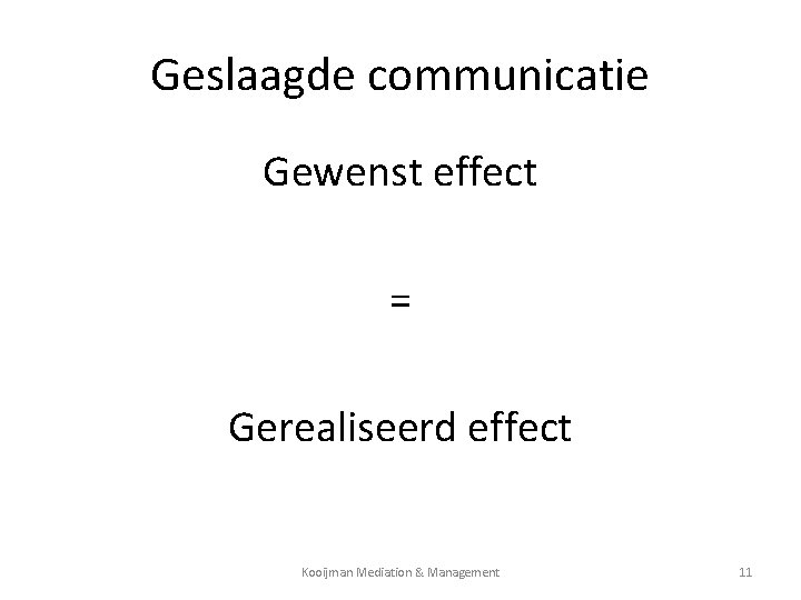 Geslaagde communicatie Gewenst effect = Gerealiseerd effect Kooijman Mediation & Management 11 